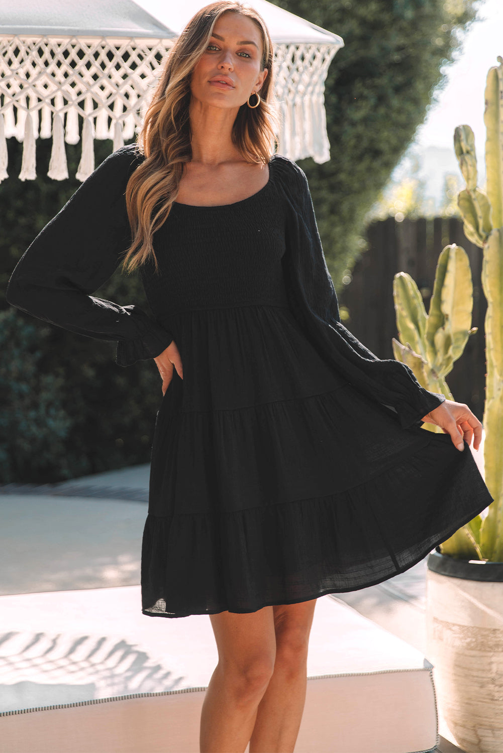 Black Bishop Sleeve Smocked Tiered Mini Dress Florida Girl Fashion Boutique