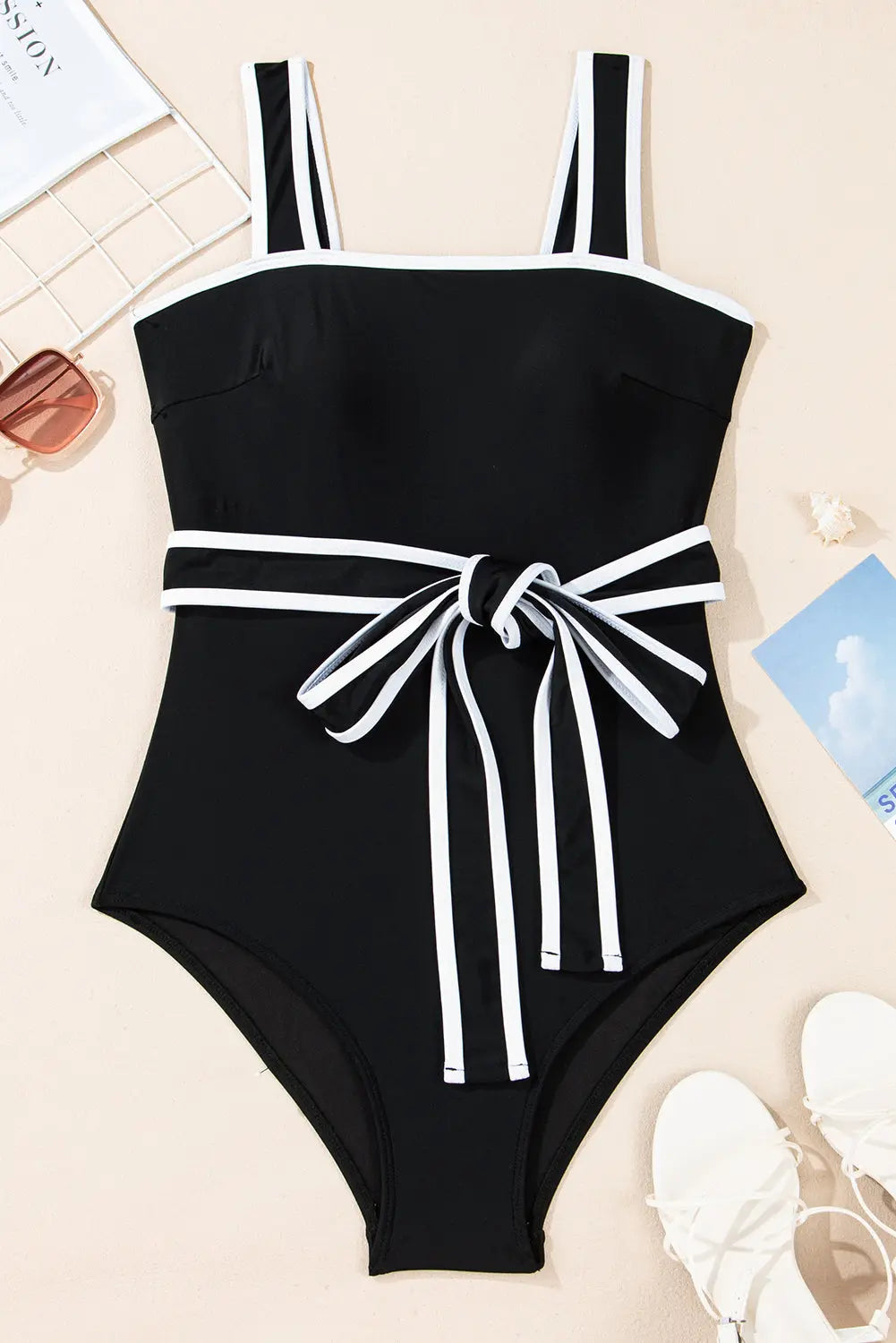 Black Colorblock Edge Belted One Piece Swimsuit Florida Girl Fashion Boutique