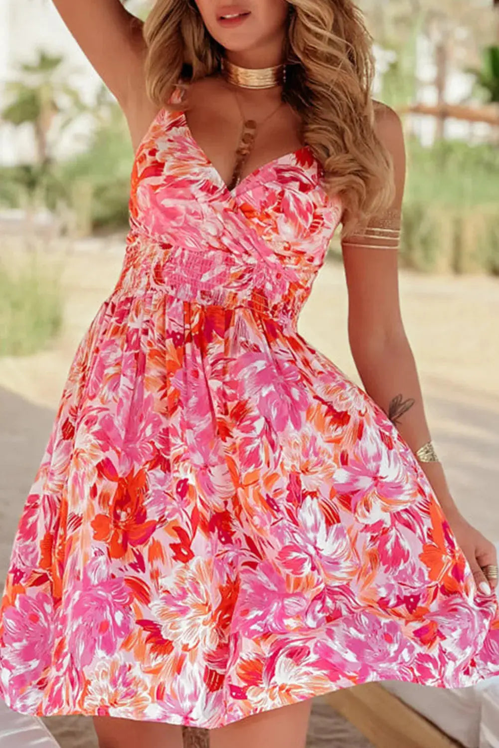Red Floral Spaghetti Strap Surplice Neck Shirred Waist Mini Dress Florida Girl Fashion Boutique
