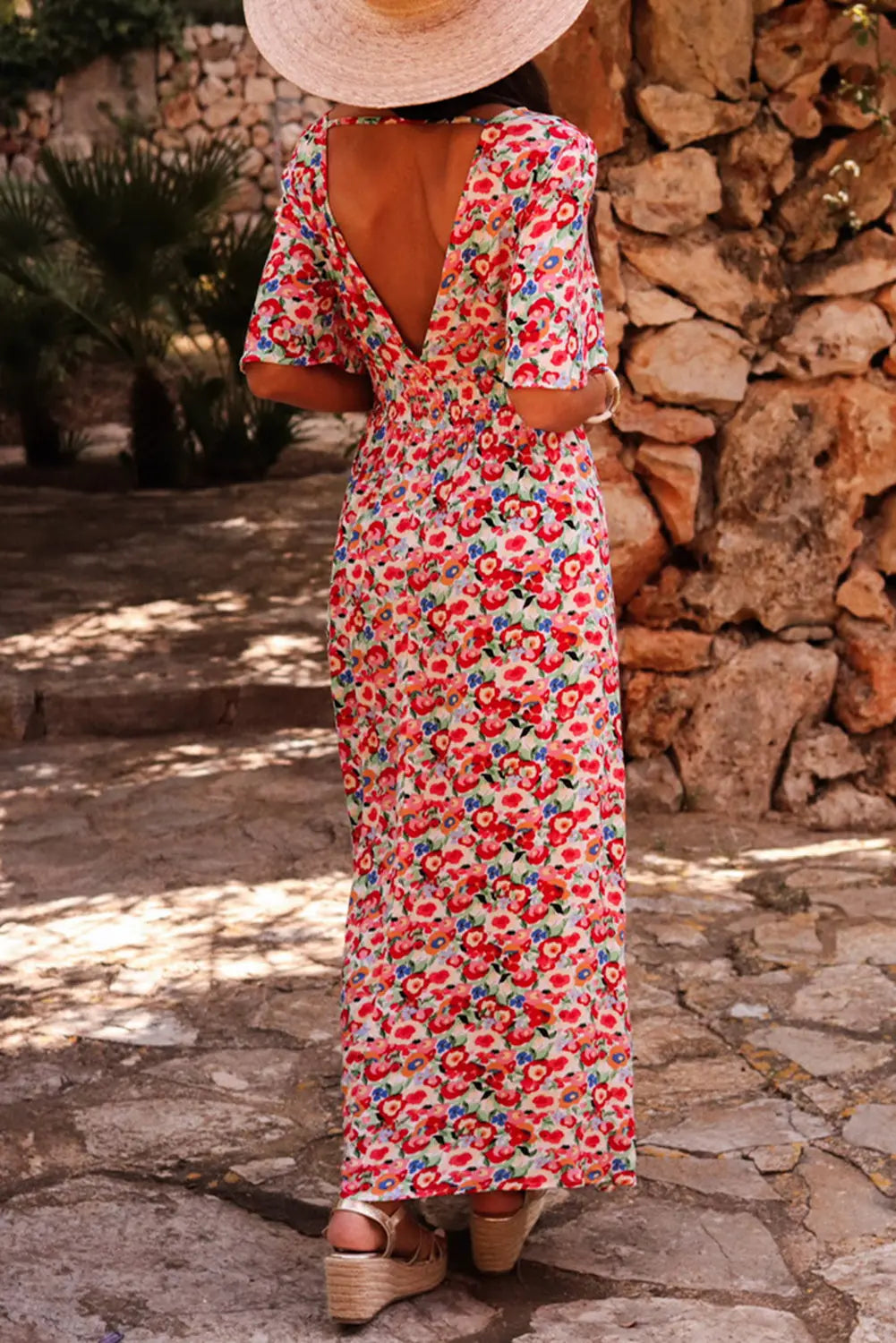Red Floral Deep V Neck Cutout Maxi Dress Florida Girl Fashion Boutique