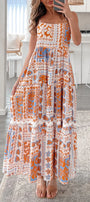 Orange Multi Printed Ricrac Trim Maxi Dress Florida Girl Fashion Boutique