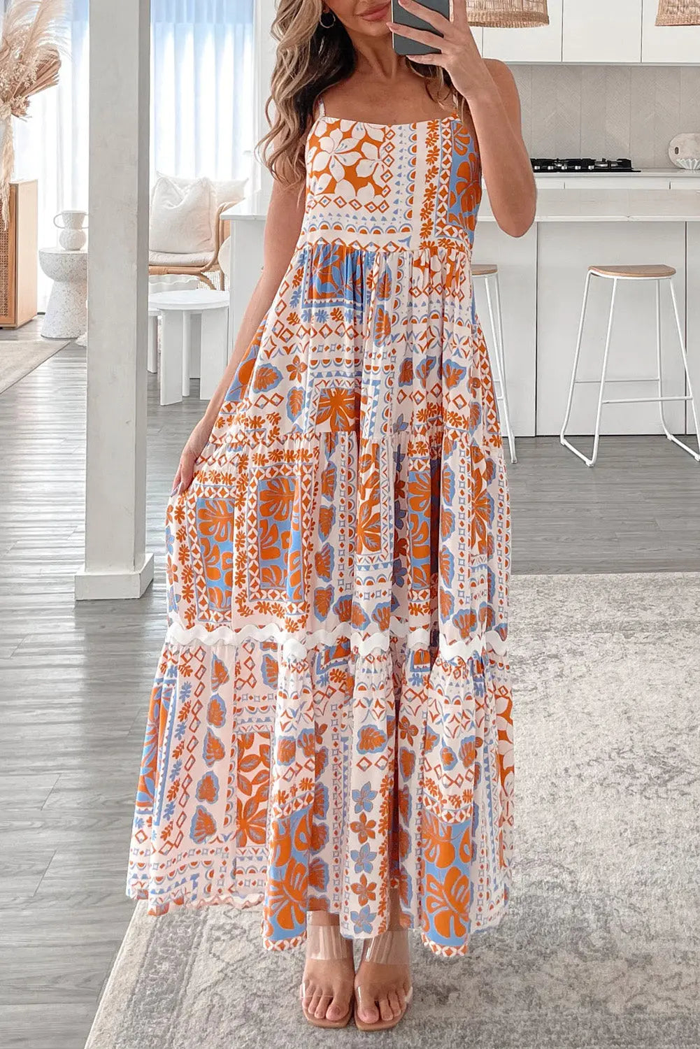 Orange Multi Printed Ricrac Trim Maxi Dress Florida Girl Fashion Boutique