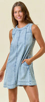 Chambray Round Neckline Sleeveless A-Line Mini Dress -28027D Doe and Rae