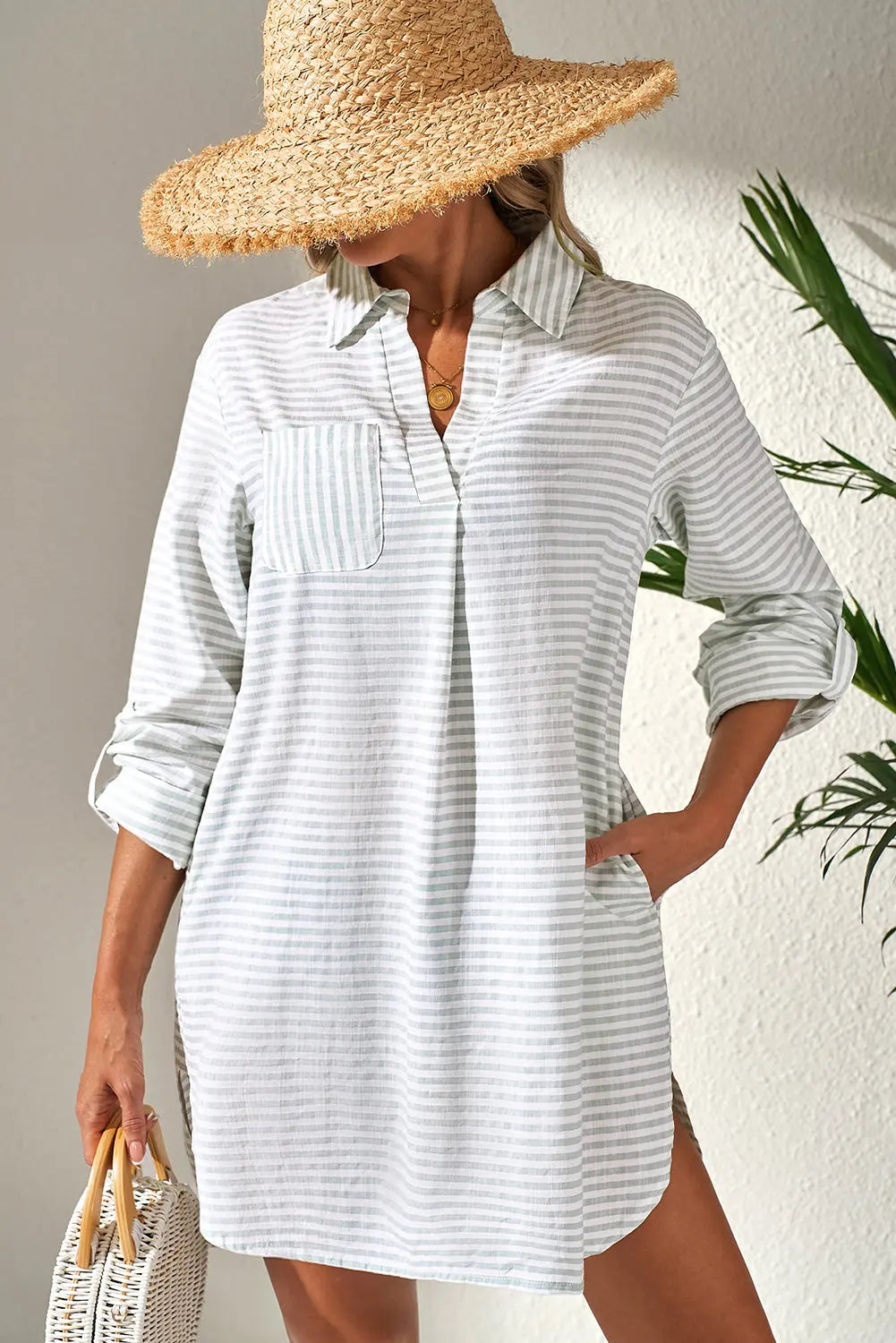 White Stripe Collared V Neck Beach Cover up Florida Girl Fashion Boutique