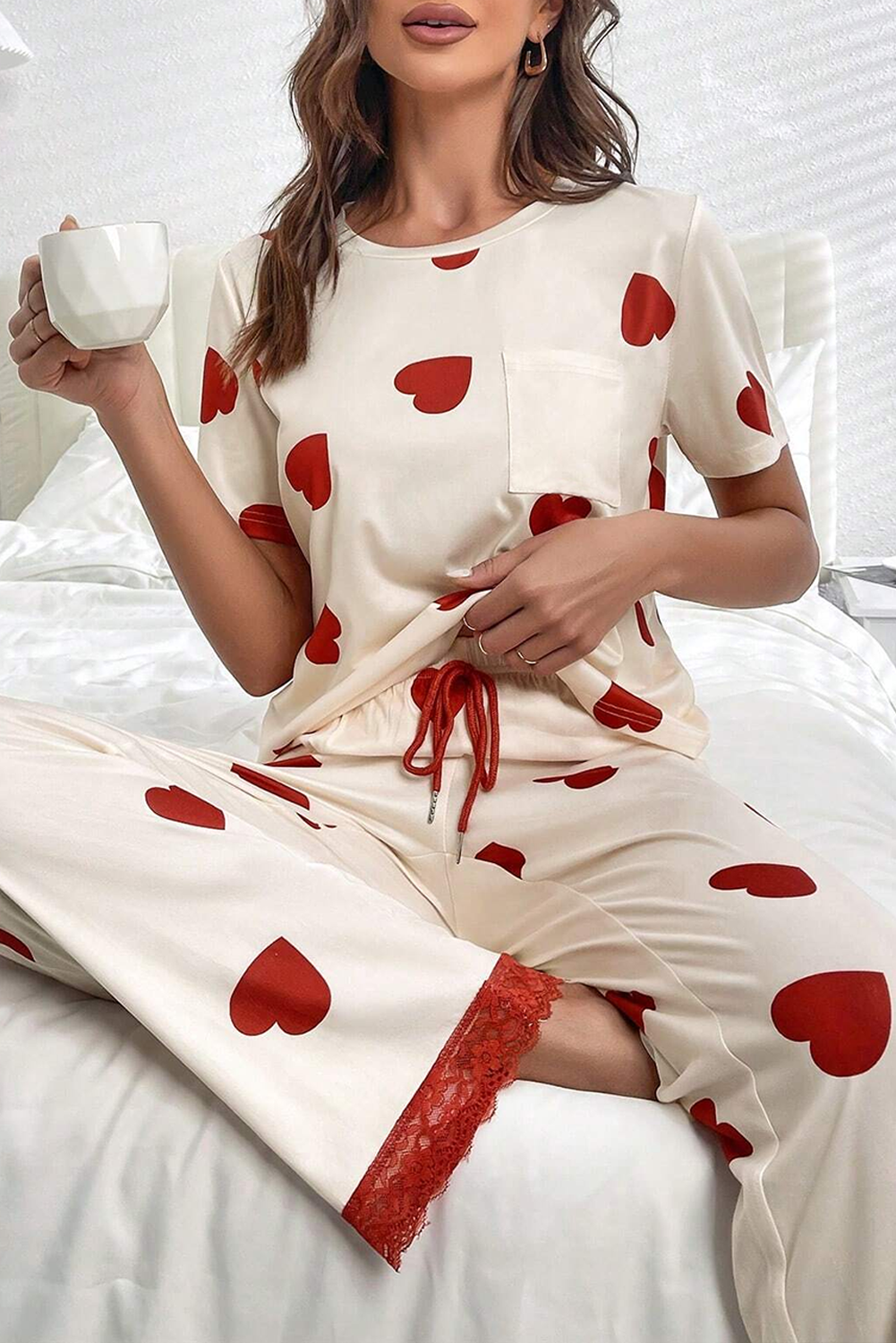 Heart Print Lace Hem Pajama Set Florida Girl Fashion Boutique