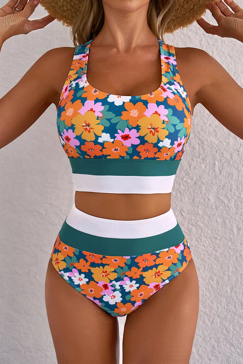Green Floral Print Racerback Cutout High Waist Bikini Florida Girl Fashion Boutique