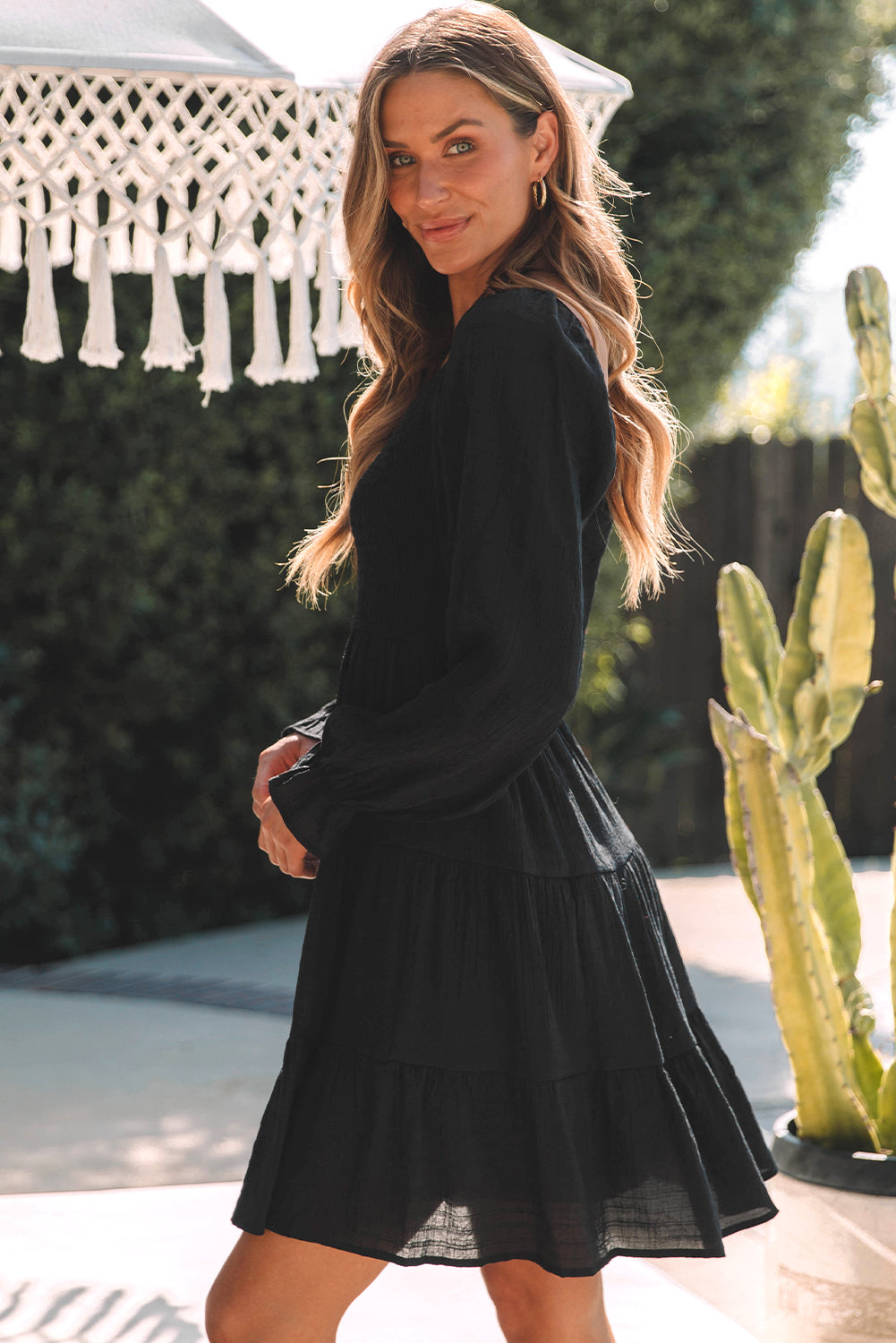 Black Bishop Sleeve Smocked Tiered Mini Dress Florida Girl Fashion Boutique