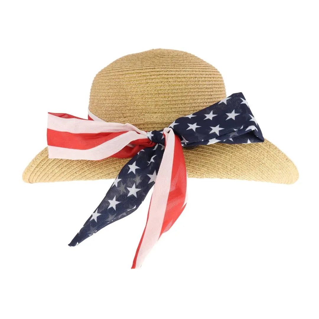 USA Print Ribbon Trim Wide Brim C.C Beanie