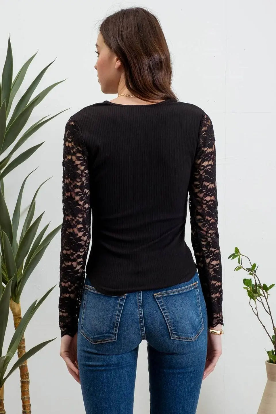 Lace Trim V Neck Top Blu Pepper