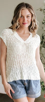 Beige Notched V Neck Short Sleeve Sweater Florida Girl Fashion Boutique