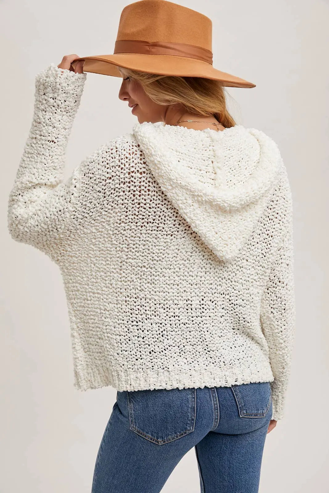 Popcorn Knit Hooded Sweater Bluivy
