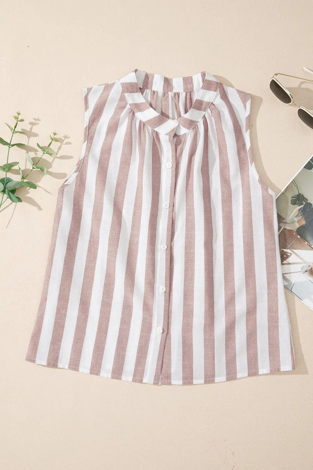 Khaki Stripe Casual Button Down Sleeveless Shirt Florida Girl Fashion Boutique