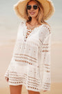 White Lace-up V Neck Hollow Out Knitted Long Sleeve Cover Up Florida Girl Fashion Boutique