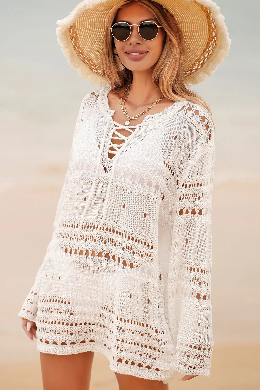 White Lace-up V Neck Hollow Out Knitted Long Sleeve Cover Up Florida Girl Fashion Boutique