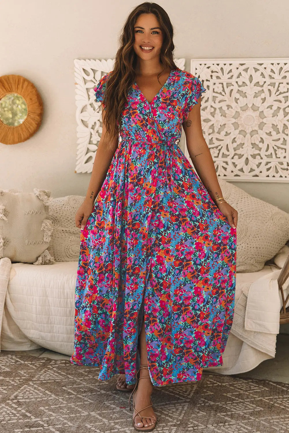 Blue Floral V Neck Wrap Maxi Florida Girl Fashion Boutique
