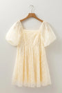 Apricot Sequined Lace Mesh Bubble Sleeve Square Neck Dress Florida Girl Fashion Boutique