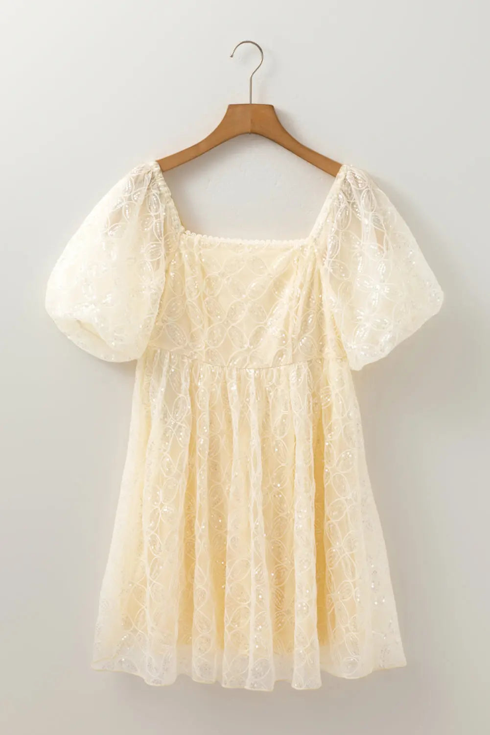 Apricot Sequined Lace Mesh Bubble Sleeve Square Neck Dress Florida Girl Fashion Boutique