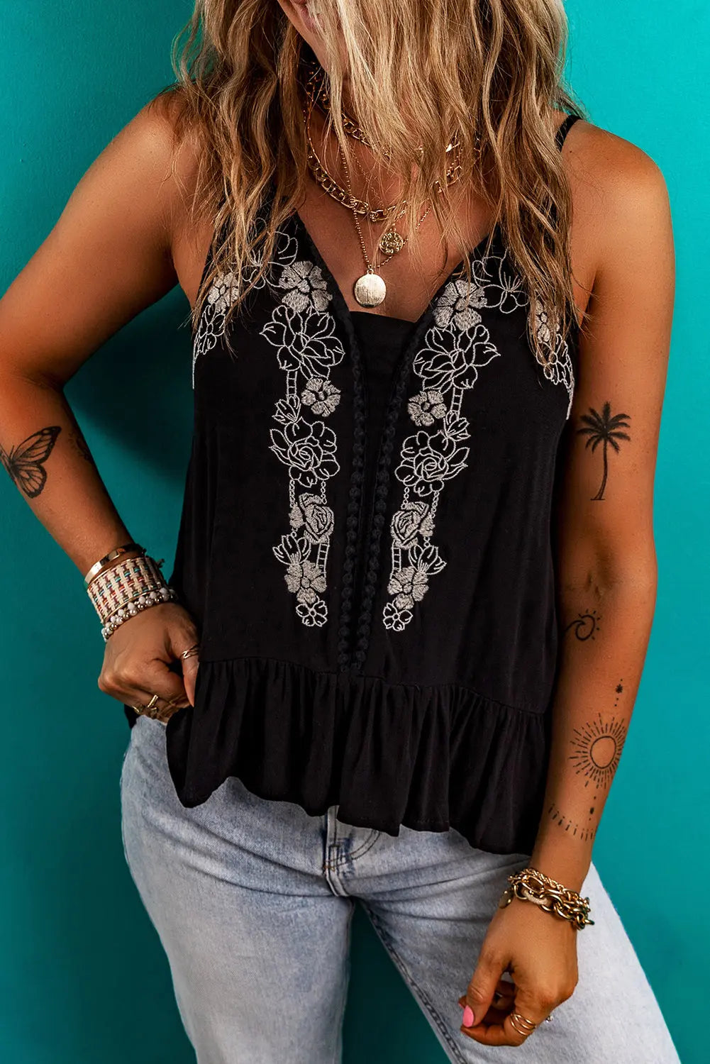Black Floral Embroidered Ruffled Tank Florida Girl Fashion Boutique