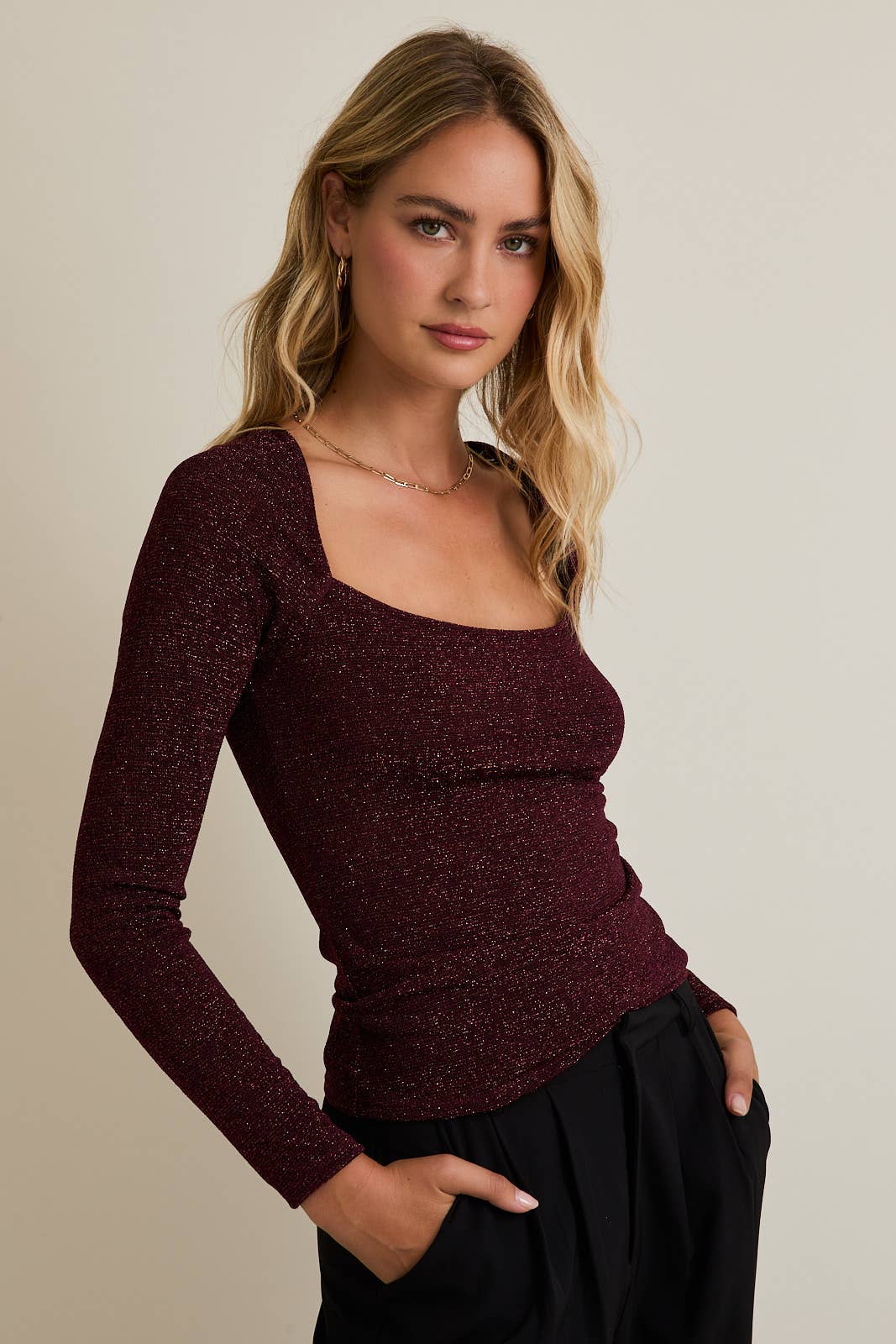 Shimmer Square Neck Long Sleeve Top