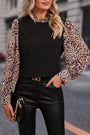 Black Contrast Leopard Print Lantern Sleeve Blouse Florida Girl Fashion Boutique