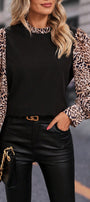 Black Contrast Leopard Print Lantern Sleeve Blouse Florida Girl Fashion Boutique