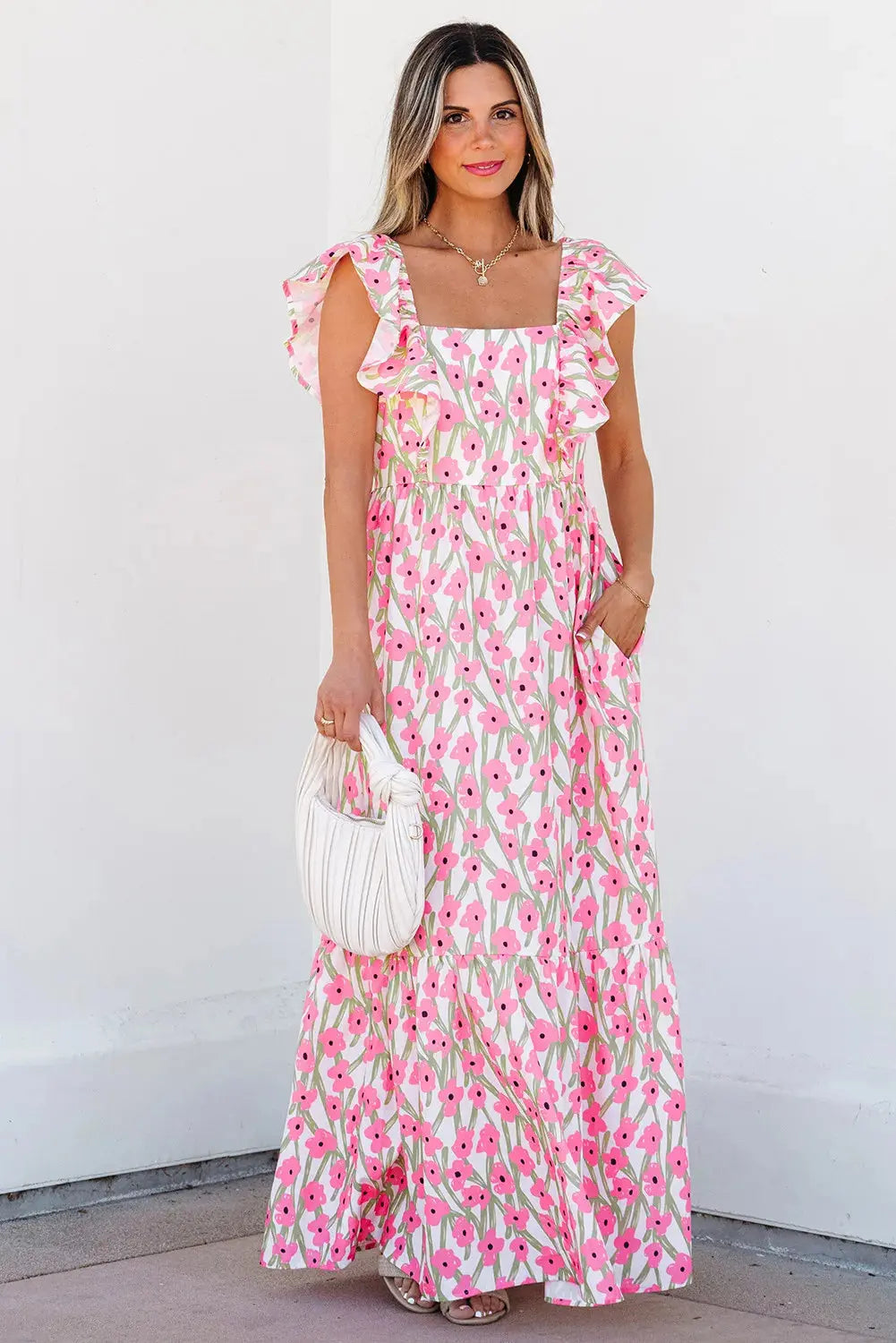 Pink Floral Ruffle Sleeve Maxi Dress Florida Girl Fashion Boutique