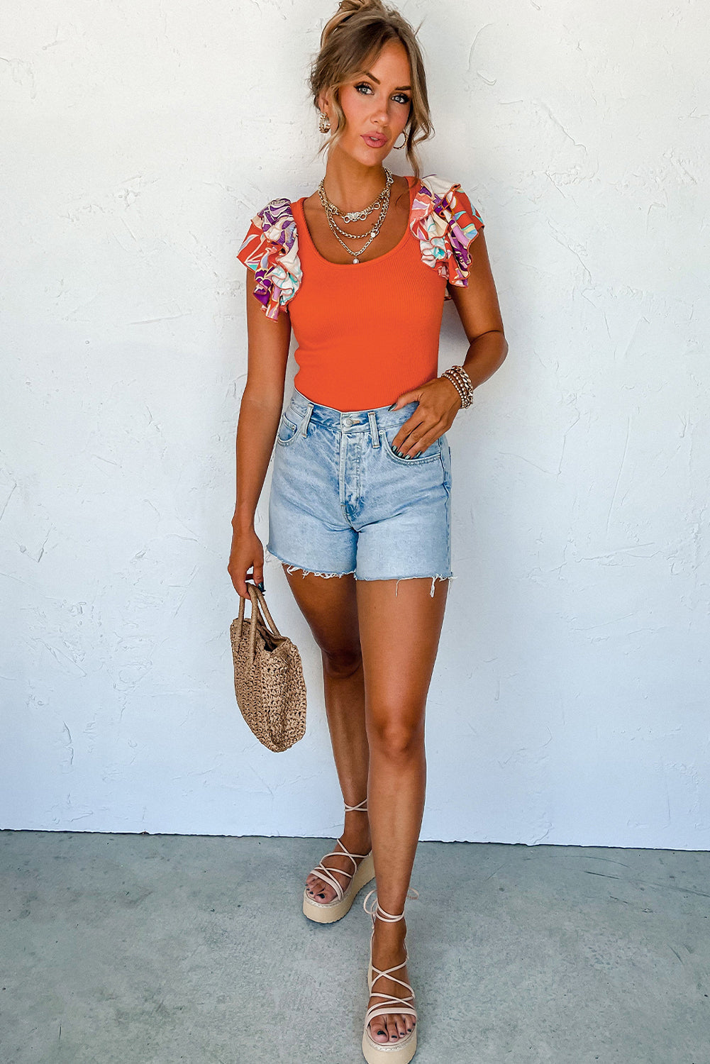 Orange Ribbed Knit Tiered Ruffled Sleeve Bodysuit Florida Girl Fashion Boutique