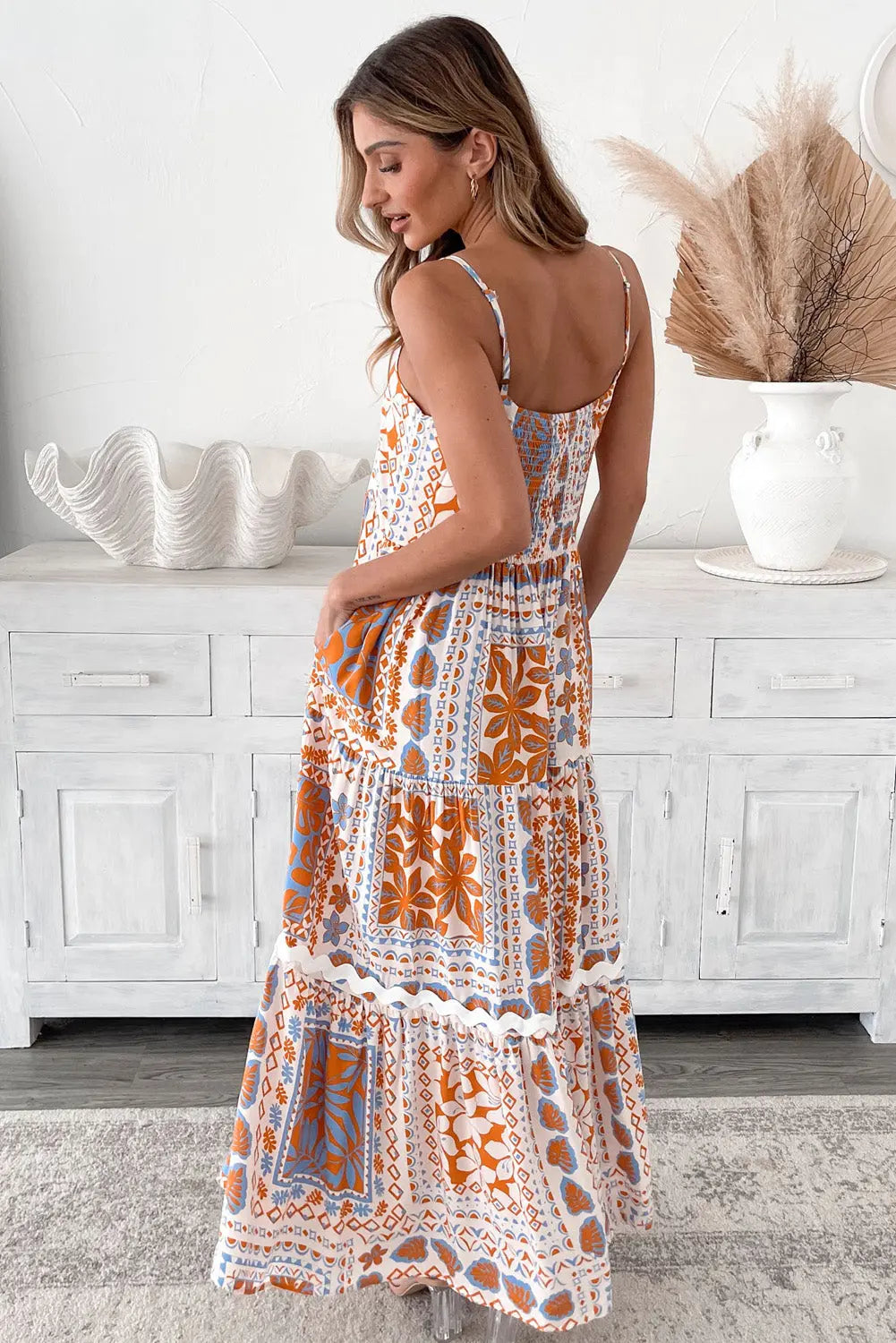Orange Multi Printed Ricrac Trim Maxi Dress Florida Girl Fashion Boutique