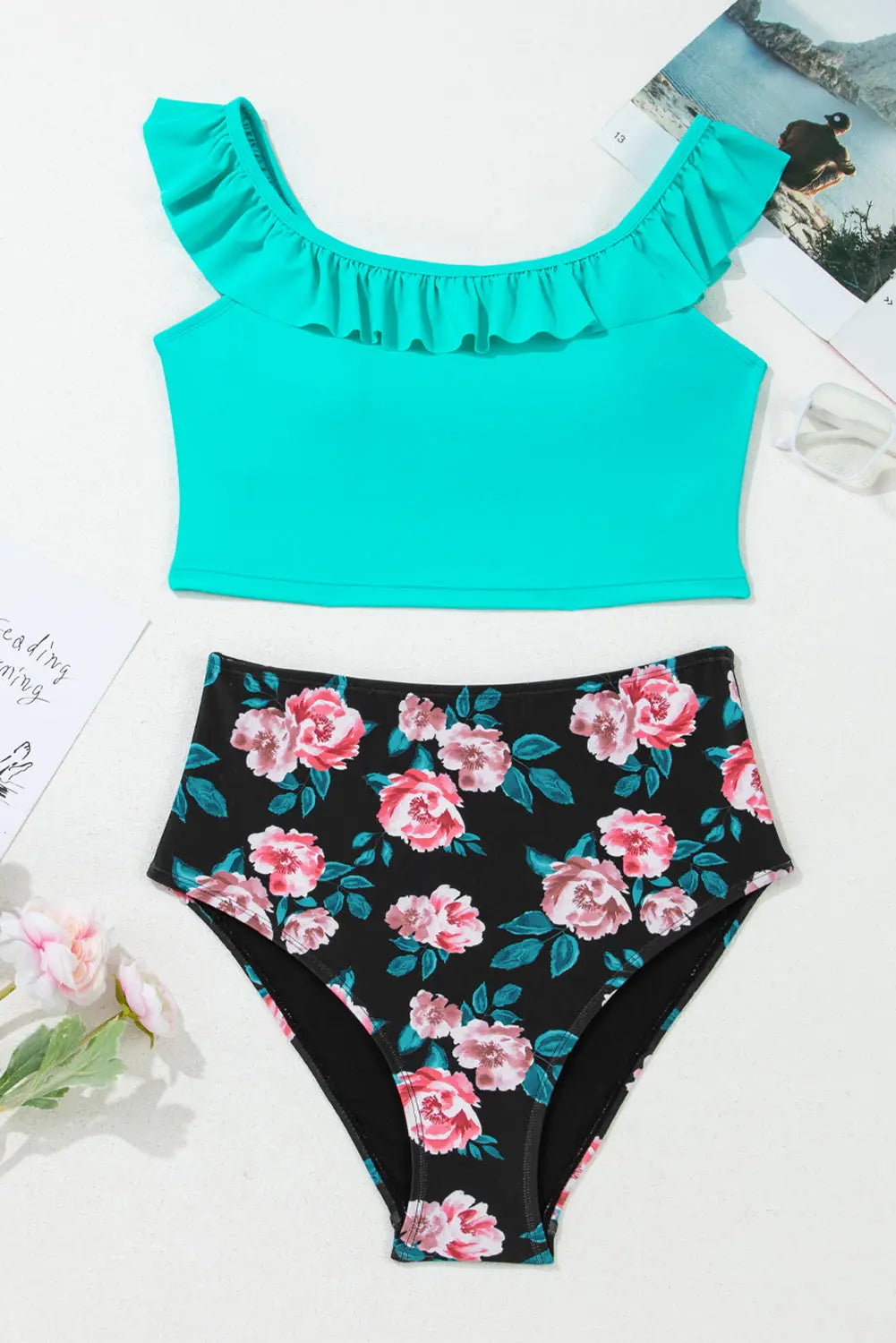 Ruffled Square Neck Swim Top and Floral Shorts Bikini Set Florida Girl Fashion Boutique