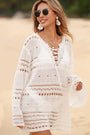 White Lace-up V Neck Hollow Out Knitted Long Sleeve Cover Up Florida Girl Fashion Boutique