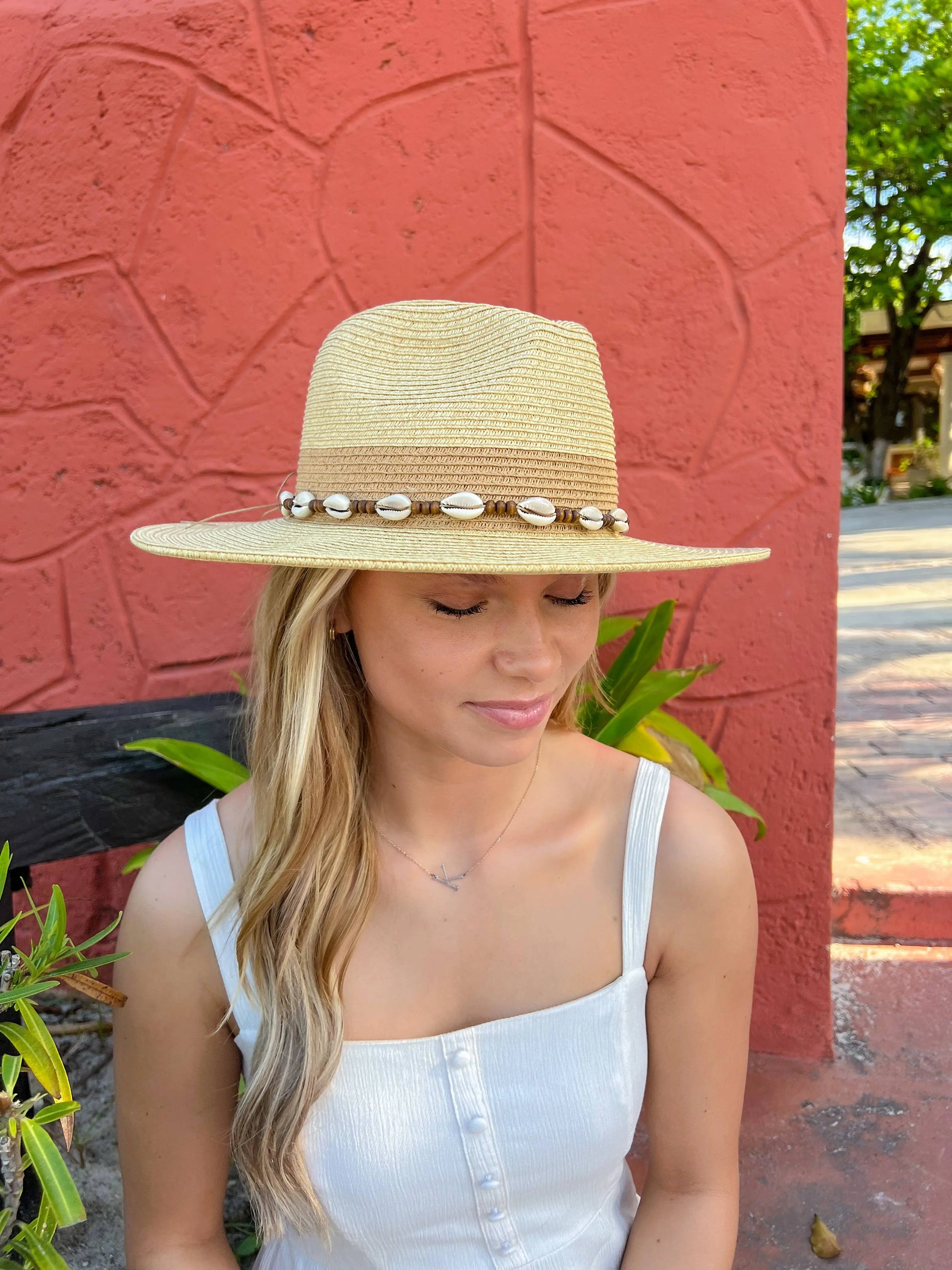 Two-Tone Shell & Wood Bead Trim Panama Hat C.C Beanie