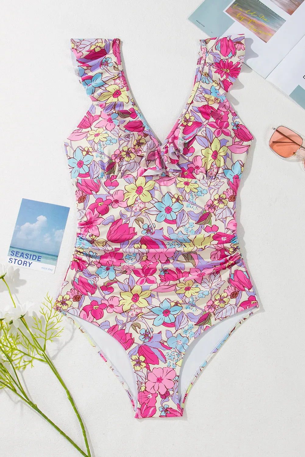 Floral Ruffle Trim V Neck Lace-up Back Tummy Control One Piece Swimsuit Florida Girl Fashion Boutique