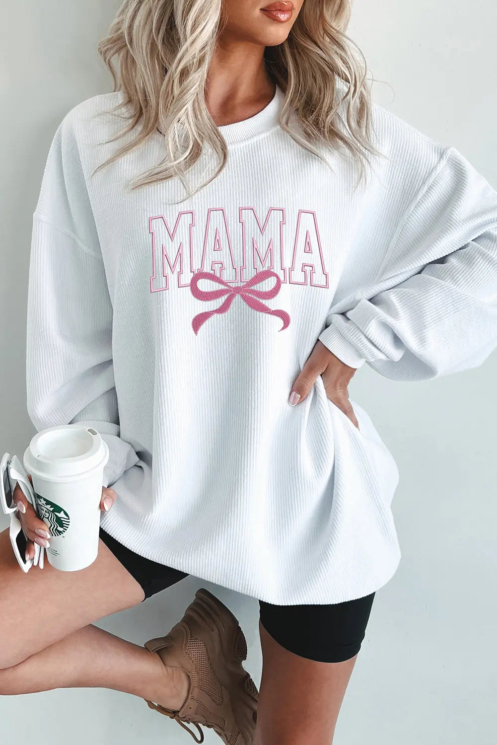 White MAMA Bowknot Embroidered Ribbed Pullover Sweatshirt Florida Girl Fashion Boutique