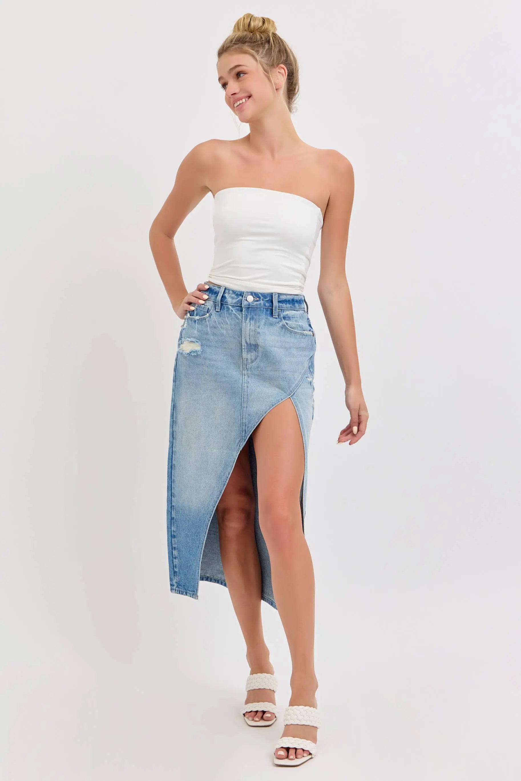 Cello High Rise Midi Skirt with Curved Cutout Cello Jeans