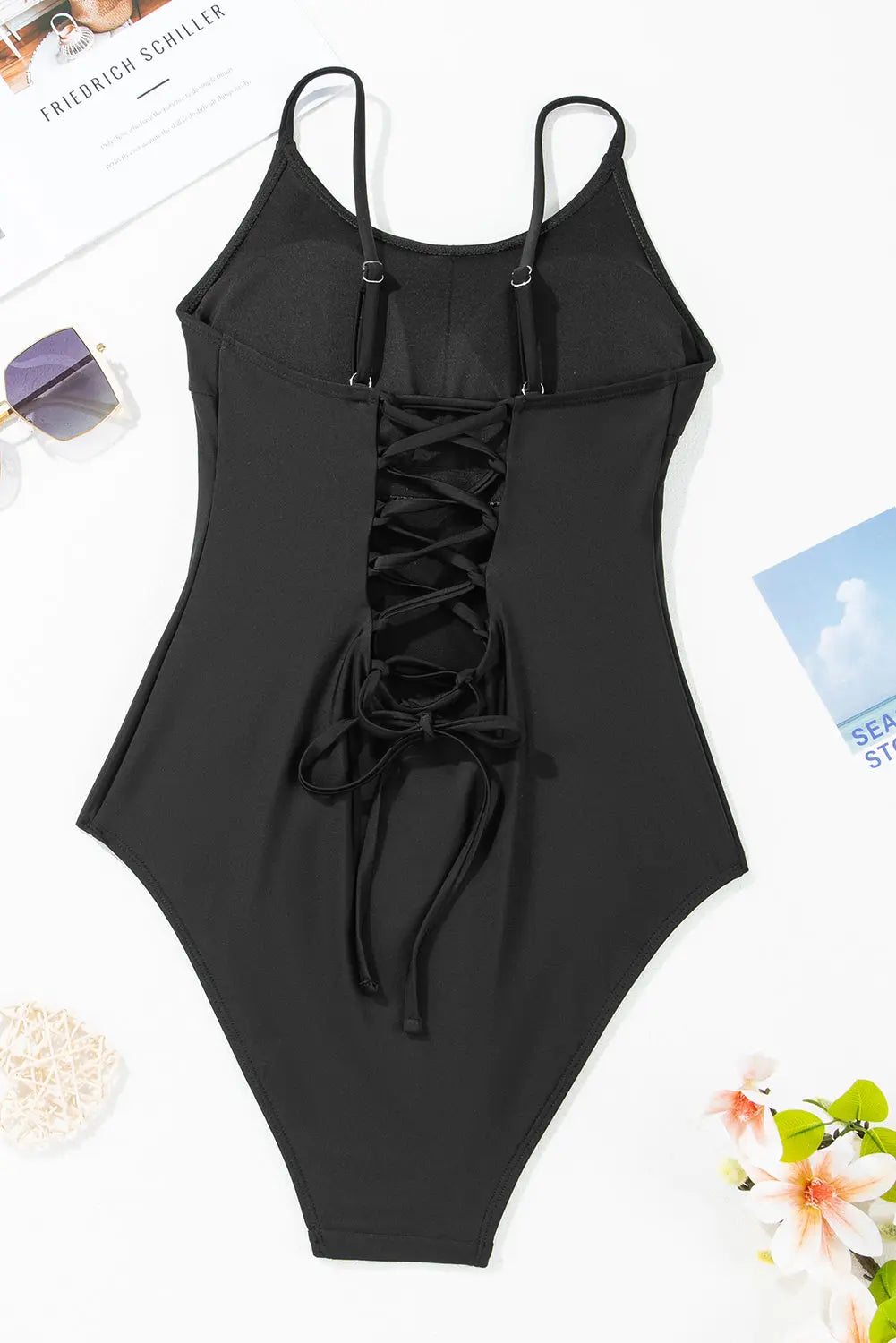 Black Thin Strap Strappy Lace-up Open Back One Piece Swimsuit Florida Girl Fashion Boutique