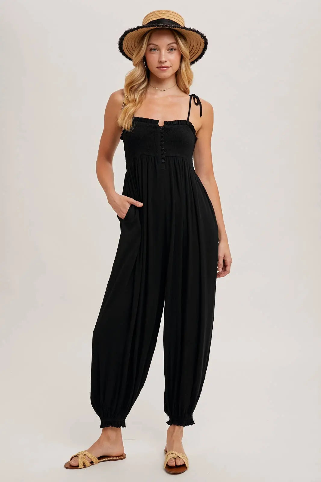 Gauze Smocked Jumpsuit Bluivy
