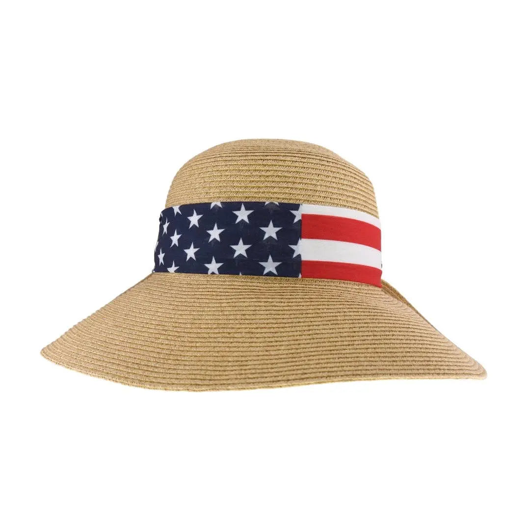 USA Print Ribbon Trim Wide Brim C.C Beanie