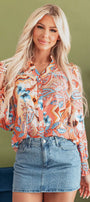 Floral Print Shirred Cuff Buttoned Loose Shirt Florida Girl Fashion Boutique