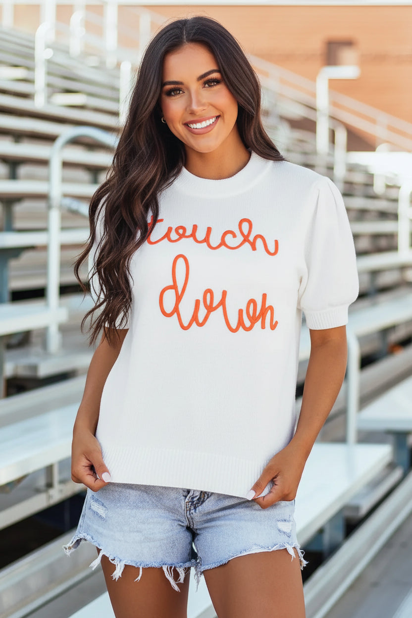 White Touchdown Tinsel Puff Short Sleeve Crew Neck Sweater Florida Girl Fashion Boutique