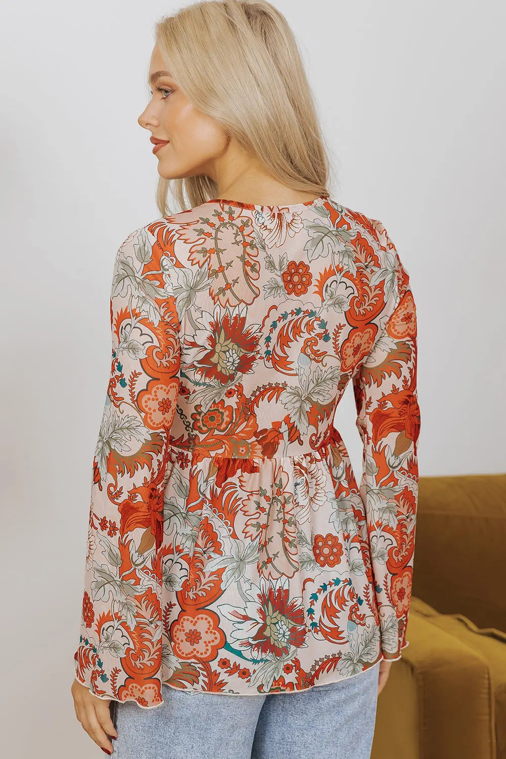 Orange Floral Print Bell Sleeve Top Florida Girl Fashion Boutique
