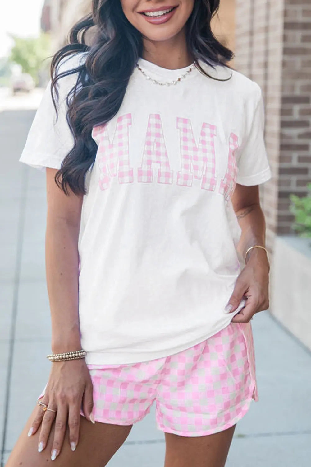 MAMA Printed Tee and Plaid Shorts Lounge Set Florida Girl Fashion Boutique