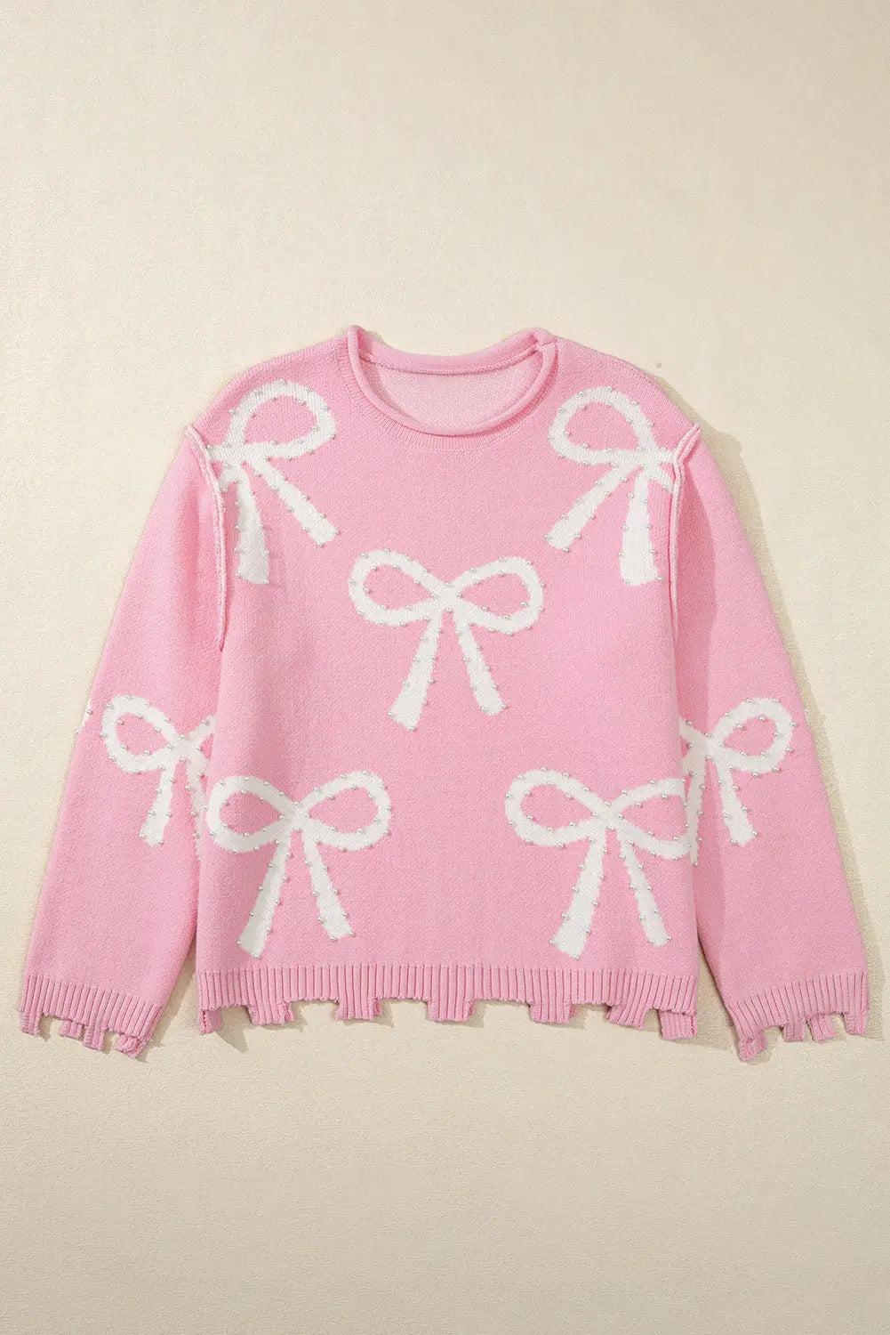 Pearl Beaded Bowknot Distressed Hem Sweater Florida Girl Fashion Boutique