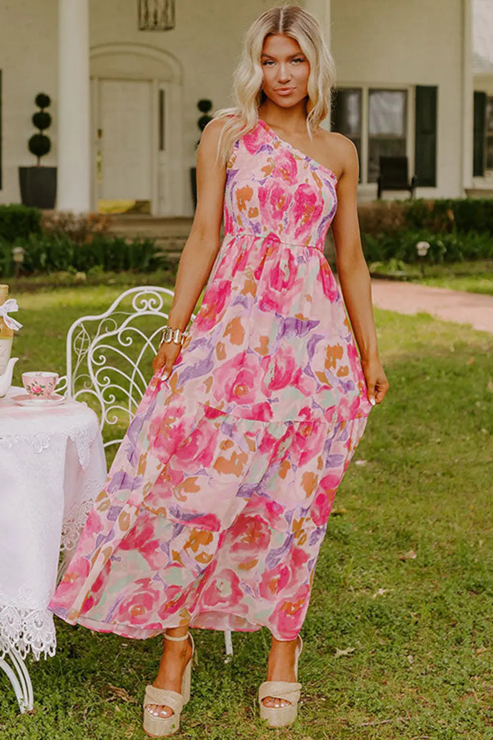 Pink Floral Print One Shoulder Maxi Dress Florida Girl Fashion Boutique