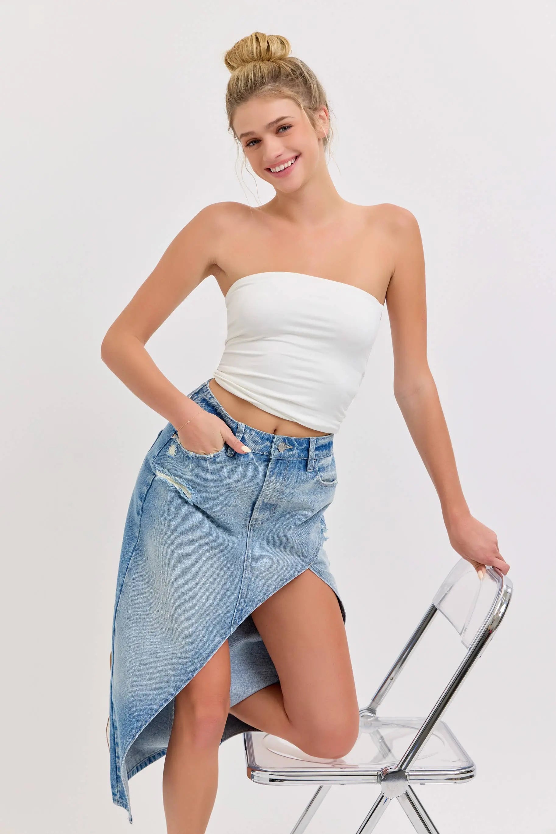 Cello High Rise Midi Skirt with Curved Cutout Cello Jeans
