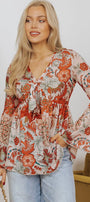 Orange Floral Print Bell Sleeve Top Florida Girl Fashion Boutique