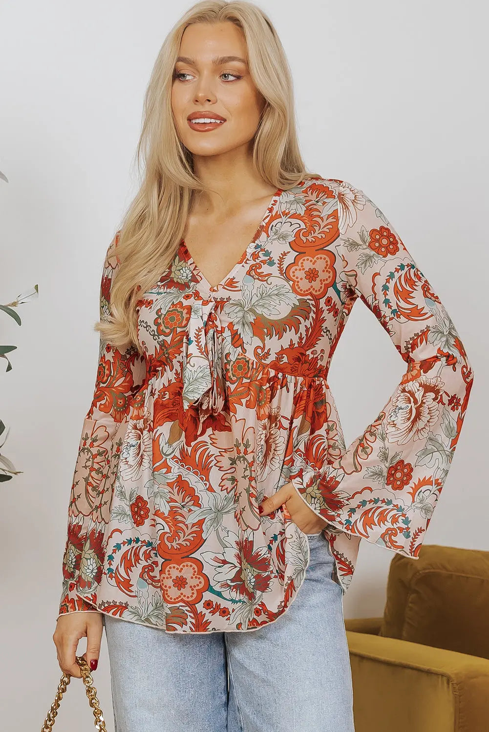Orange Floral Print Bell Sleeve Top Florida Girl Fashion Boutique