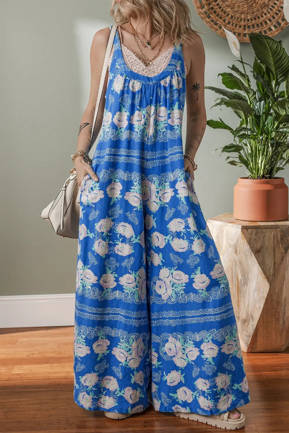 Blue Floral Print Wide Leg Jumpsuit Florida Girl Fashion Boutique