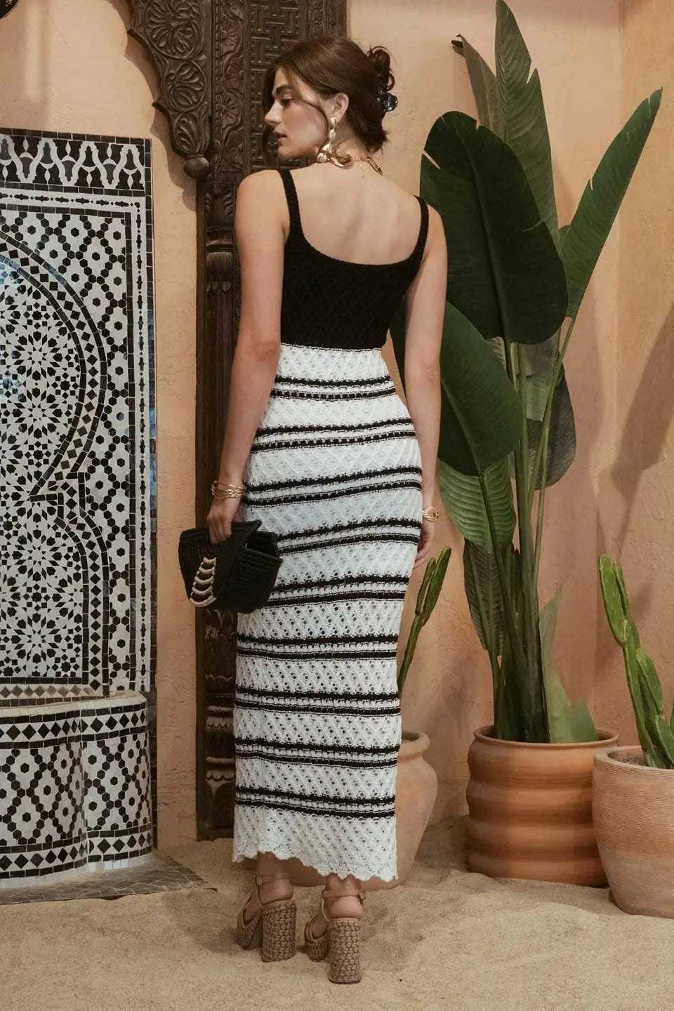 Stripe Crochet Knit Midi Dress Blu Pepper