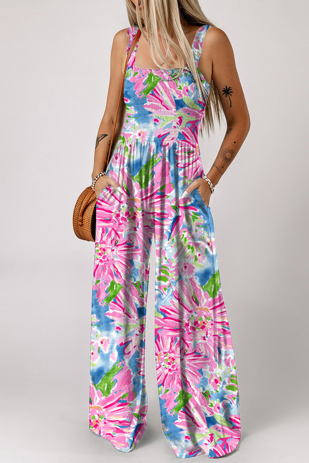 Pink Abstract Floral Smocked Wide Leg Jumpsuit Florida Girl Fashion Boutique