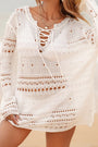 White Lace-up V Neck Hollow Out Knitted Long Sleeve Cover Up Florida Girl Fashion Boutique